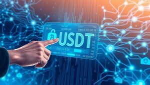 A dynamic, detailed illustration of the USDT trading process on the UTown crypto platform. In the foreground, a user's hand interacts with a sleek, futuristic UTown interface, seamlessly executing a USDT transaction. The middle ground features a holographic display showcasing real-time market data and exchange rates, bathed in a cool, soothing blue light. In the background, a complex network of digital pathways and data streams symbolize the secure, lightning-fast processing powering the USDT transaction. The overall scene conveys a sense of efficiency, technological sophistication, and the user-friendly experience of trading USDT on the UTown platform.