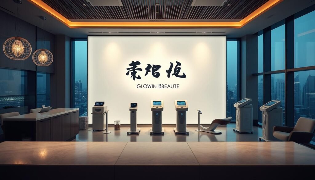 A high-quality beauty salon interior with a sleek and modern aesthetic. The focal point is a striking backlit display wall featuring the Glowin Beaute brand name in stylized Japanese calligraphy. Elegant lighting fixtures cast a warm, inviting glow across the space. In the foreground, a minimalist reception desk with a polished stone surface. The middle ground showcases state-of-the-art medical treatment equipment, including Oligio X devices emitting a soft, ethereal energy field. The background features large windows offering a panoramic cityscape view, blending the clinical and the cosmopolitan. An atmosphere of advanced, yet approachable, beauty technology.