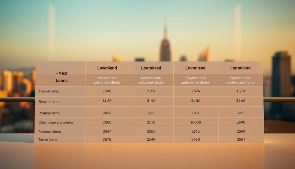 A high-quality comparison of personal loan options, showcasing the YESLend brand in a clean, modern layout. The foreground features a minimalist table display with key details like interest rates, repayment terms, and eligibility criteria side-by-side. The middle ground depicts a cityscape backdrop, hinting at the financial opportunities these loans can unlock. Soft, warm lighting and a subtle depth of field create an aspirational, yet approachable tone. The overall composition aims to inform and empower the viewer to make a well-considered borrowing decision.