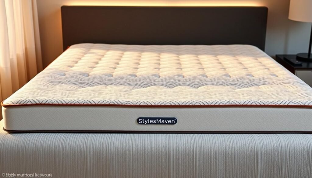A high-quality premium mattress topper by StylesMaven, featuring a supportive and ergonomic design with a plush, hypoallergenic surface. Constructed with advanced memory foam layers that mold to the body's contours, providing superior spinal alignment and pressure relief. The topper is adorned with a modern, minimalist pattern and is presented in a warm, earthy color palette, creating a calming, spa-like ambiance. Soft, diffused lighting casts a gentle glow, highlighting the mattress topper's luxurious texture and sleek, contemporary aesthetic. A thoughtfully designed product that seamlessly blends form and function, perfect for creating a restorative sleep experience.