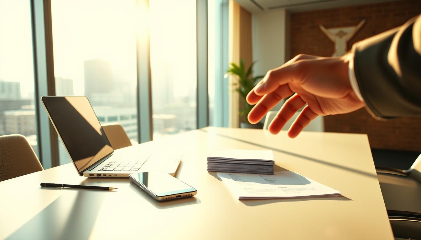 A modern, well-appointed office space, bathed in warm, natural light pouring through large windows. On a sleek, minimalist desk, a laptop and a smartphone sit alongside a neat stack of documents, symbolizing the ease and convenience of YESLend's short-term lending solutions. In the foreground, a person's hand reaches out towards the smartphone, conveying a sense of urgency and determination to seize new opportunities. The background features a cityscape, hinting at the bustling urban landscape that YESLend's flexible financing can help navigate. The overall atmosphere exudes a feeling of professionalism, efficiency, and the empowerment to make the most of every moment.