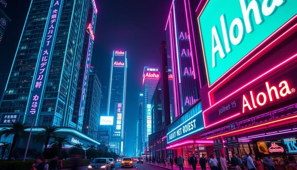A neon-drenched cityscape at night, capturing the innovative application of neon lights in modern signage design. Towering skyscrapers adorned with bold, dynamic Aloha branding in a sleek, minimalist style, their neon tubes casting a vibrant glow that illuminates the urban landscape. In the foreground, a bustling street scene with pedestrians and vehicles, their paths intersecting beneath the luminous signage. The overall atmosphere is one of futuristic elegance, where traditional neon technology has been seamlessly integrated into a contemporary aesthetic. The image should convey a sense of progress, innovation, and the evolving role of neon in modern urban environments.