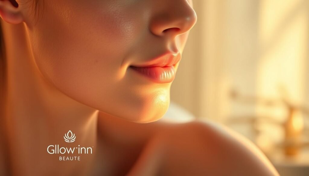 A serene and luminous spa-like scene featuring a close-up of a youthful, glowing complexion. The skin appears taut, supple, and radiantly smooth, bathed in a warm, diffused light that highlights its natural beauty. In the foreground, the "Glowin Beaute" brand logo subtly emerges, suggesting the transformative power of the "Oligio X 原美電波" technology. The background blends a soft, ethereal backdrop with subtle hints of nature, creating a calming and rejuvenating atmosphere. The overall composition conveys a sense of relaxation, wellness, and the revitalization of the skin's health and vitality.