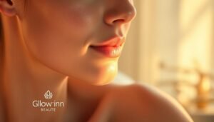 A serene and luminous spa-like scene featuring a close-up of a youthful, glowing complexion. The skin appears taut, supple, and radiantly smooth, bathed in a warm, diffused light that highlights its natural beauty. In the foreground, the "Glowin Beaute" brand logo subtly emerges, suggesting the transformative power of the "Oligio X 原美電波" technology. The background blends a soft, ethereal backdrop with subtle hints of nature, creating a calming and rejuvenating atmosphere. The overall composition conveys a sense of relaxation, wellness, and the revitalization of the skin's health and vitality.