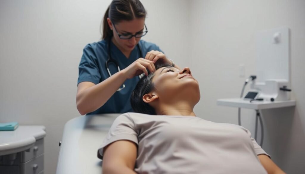 A serene medical office setting with a patient resting on an examination table, their head tilted back as a healthcare professional carefully adjusts the positioning of their inner ear. Soft, diffused lighting illuminates the scene, creating a calming atmosphere. The healthcare worker is intently focused, their movements precise and gentle, guiding the patient through the post-repositioning care process. The patient's expression conveys a sense of relief and trust. The room is clean and well-equipped, with medical instruments and supplies discreetly arranged, emphasizing the professionalism of the care being provided.