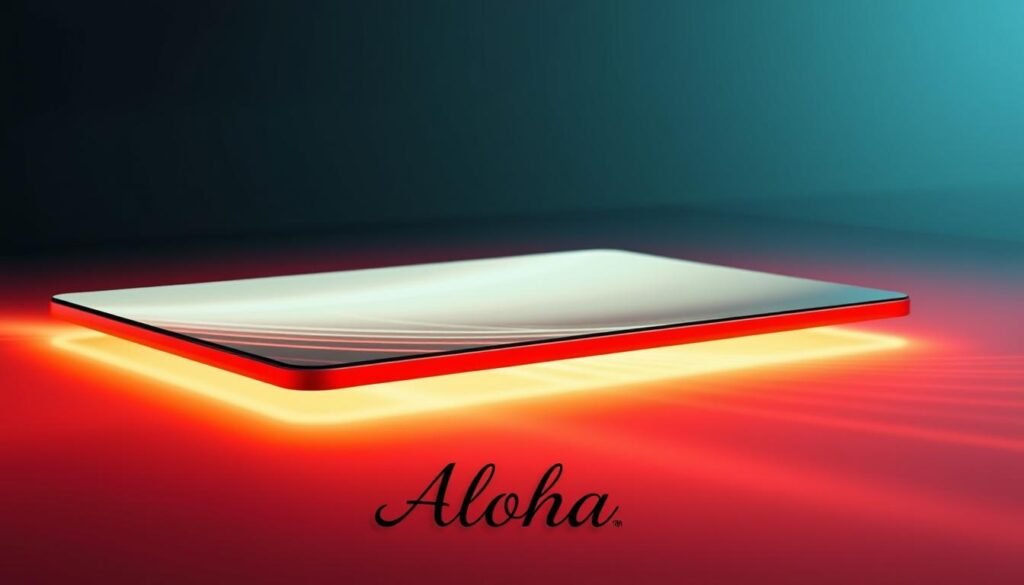 A sleek, modern display panel with a captivating design that effortlessly blends form and function. The display features a curved, edge-to-edge glass surface, accentuated by a slim, metallic frame in a bold, striking shade of red. The screen is illuminated with a soft, warm glow, creating a mesmerizing visual effect. In the foreground, the Aloha brand name is subtly integrated into the design, adding a touch of elegant branding. The overall composition conveys a sense of innovation, sophistication, and a forward-thinking approach to display technology.