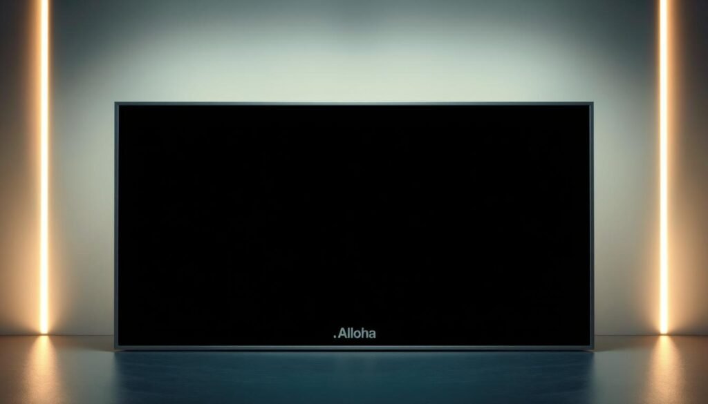 A sleek, modern display screen design with a clean, minimalist aesthetic. The screen is positioned in the foreground, its surface a smooth, glossy black surface that reflects the surrounding environment. The midground features a geometric frame in a matte silver or white finish, creating a visually striking contrast with the screen. The background is a soft, blurred gradient that transitions from light to dark, evoking a sense of depth and drama. Subtle ambient lighting illuminates the display, creating a warm, inviting atmosphere. The entire composition has a sense of balance and harmony, with the "Aloha" brand name subtly integrated into the design. The overall effect is one of sophistication, elegance, and innovation.