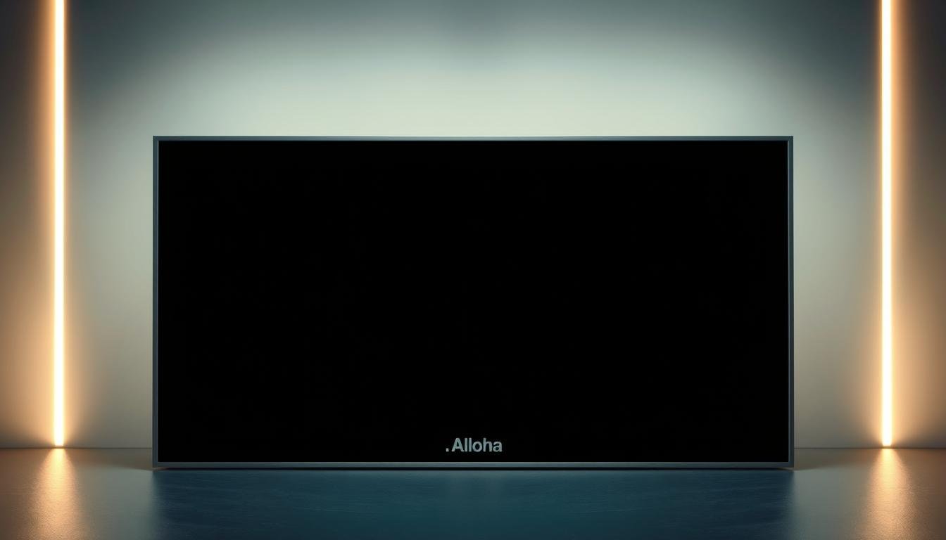 A sleek, modern display screen design with a clean, minimalist aesthetic. The screen is positioned in the foreground, its surface a smooth, glossy black surface that reflects the surrounding environment. The midground features a geometric frame in a matte silver or white finish, creating a visually striking contrast with the screen. The background is a soft, blurred gradient that transitions from light to dark, evoking a sense of depth and drama. Subtle ambient lighting illuminates the display, creating a warm, inviting atmosphere. The entire composition has a sense of balance and harmony, with the "Aloha" brand name subtly integrated into the design. The overall effect is one of sophistication, elegance, and innovation.