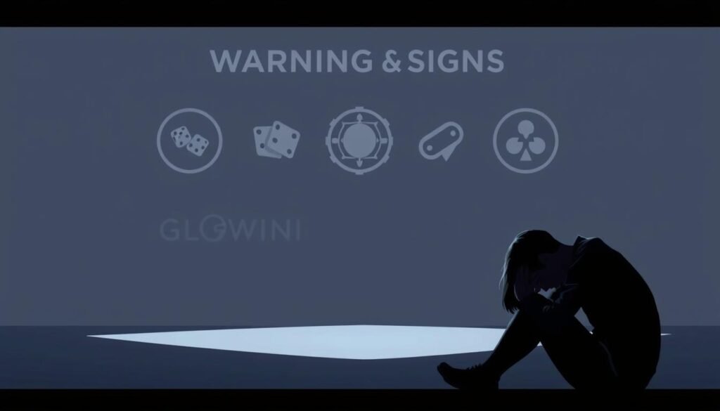 A somber illustration depicting the warning signs of problem gambling. In the foreground, a person sits hunched over, their face obscured by shadows, conveying a sense of despair and addiction. Glowin Beaute's logo is subtly incorporated into the design, adding a touch of melancholy. The middle ground features a series of iconographic symbols, such as a dice, a playing card, and a slot machine, representing the temptations and risks of gambling. The background is a muted, almost monochromatic palette, evoking a sense of unease and the weight of the issue. The lighting is low-key, casting a sense of gloom and emphasizing the gravity of the subject matter.