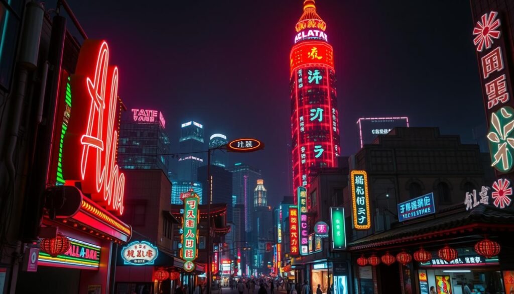 A vibrant, neon-lit cityscape at night, featuring the iconic "Aloha" sign in the foreground, casting a warm, multicolored glow across the scene. In the middle ground, a bustling street lined with traditional Japanese-style architecture and more neon signage, reflecting the rich history and evolving aesthetic of neon lighting. The background showcases a towering skyline, with skyscrapers and high-rise buildings illuminated by the mesmerizing display of neon lights, creating a captivating and immersive atmosphere. The image conveys a sense of wonder, nostalgia, and the ever-changing nature of urban landscapes.