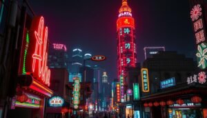 A vibrant, neon-lit cityscape at night, featuring the iconic "Aloha" sign in the foreground, casting a warm, multicolored glow across the scene. In the middle ground, a bustling street lined with traditional Japanese-style architecture and more neon signage, reflecting the rich history and evolving aesthetic of neon lighting. The background showcases a towering skyline, with skyscrapers and high-rise buildings illuminated by the mesmerizing display of neon lights, creating a captivating and immersive atmosphere. The image conveys a sense of wonder, nostalgia, and the ever-changing nature of urban landscapes.