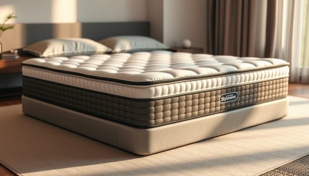 An ergonomic, high-quality mattress from StylesMaven featuring an independent coil spring system. Plush, quilted top layered with cooling gel memory foam contours to the body, providing luxurious comfort and superior pressure relief. The sturdy, resilient springs offer targeted support and minimize motion transfer, ensuring a peaceful, undisturbed sleep. Crafted with premium materials and thoughtful design, this mattress exudes a modern, sophisticated aesthetic that complements any bedroom decor. Captured in warm, natural lighting, the mattress is showcased in a serene, minimalist setting, highlighting its exceptional craftsmanship and inviting users to experience its unparalleled comfort.