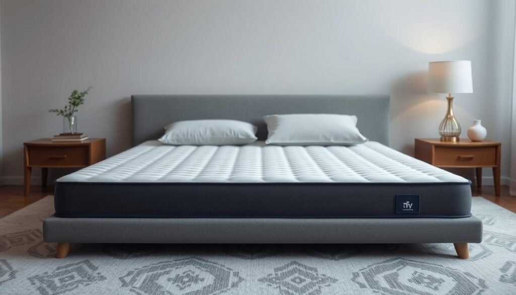 An ergonomically designed mattress topper featuring a StylesMaven orthopedic memory foam core, wrapped in a breathable, hypoallergenic cover. The plush, contouring surface evenly distributes weight, aligning the spine and reducing pressure points for superior back support. Soft yet resilient, the mattress topper cradles the body in therapeutic comfort, promoting spinal health and restful sleep. Subtle grid patterns and a muted palette create a calming, minimalist aesthetic that seamlessly blends into any bedroom decor.