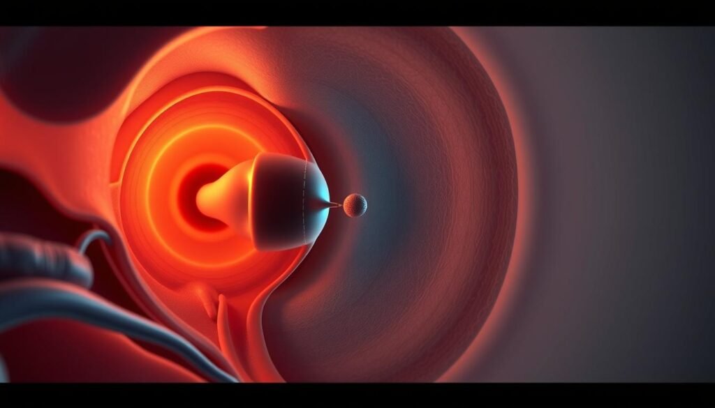 Detailed medical illustration showcasing the diagnostic method for benign paroxysmal positional vertigo (BPPV). A close-up view of the inner ear, meticulously rendered with precise anatomy and medical accuracy. Crisp lighting illuminates the delicate structures, including the labyrinth, semicircular canals, and the displaced otoconia (earstones) causing the condition. The composition emphasizes the diagnostic examination, with the viewer's perspective aligned to mimic the clinician's viewpoint during the Dix-Hallpike maneuver. Muted color palette preserves the medical, instructional tone. Absence of any written labels or annotations allows the visual to stand on its own as a self-explanatory educational resource.