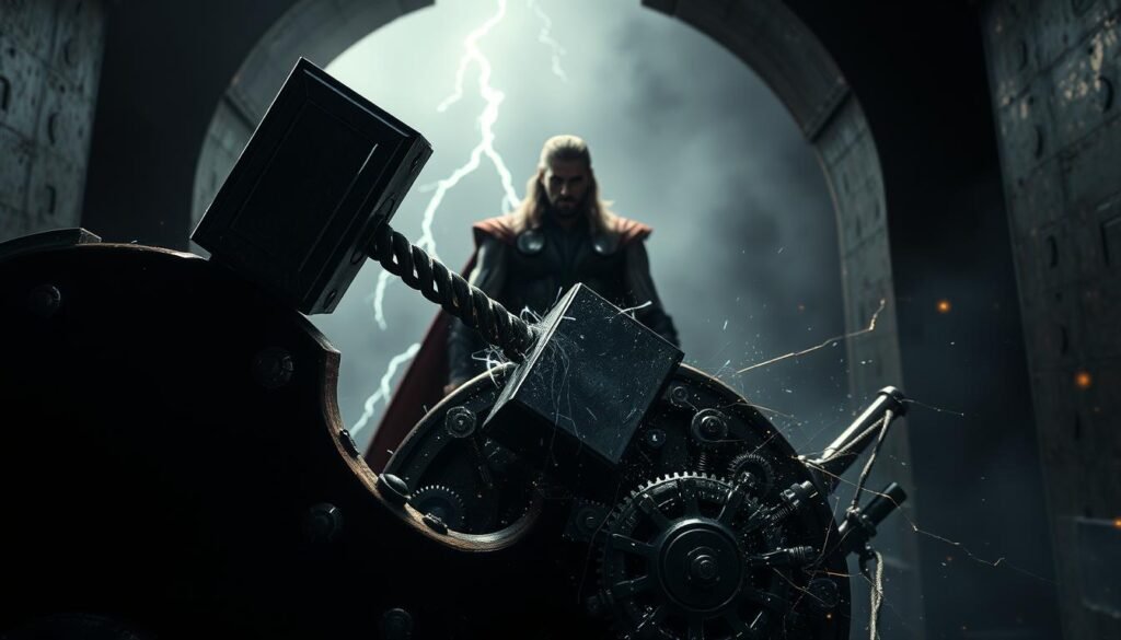 A dramatic scene of Thor's mighty hammer, Mjolnir, shattering a complex lock mechanism against a gritty, industrial backdrop. The foreground features intricate gears and circuitry, suggesting a technological puzzle to be solved. In the middle ground, Thor's powerful silhouette stands resolute, lightning crackling around him. The background is shrouded in shadows, hinting at the challenges that lie ahead. Cinematic lighting casts dramatic shadows, creating a sense of tension and urgency. The overall mood is one of determination and strategic problem-solving. UTown.