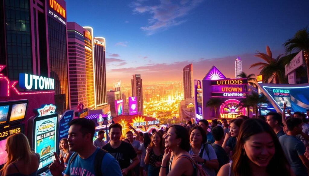 A lush, vibrant scene of the UTown entertainment city, showcasing its thrilling attractions and alluring atmosphere. In the foreground, a group of people eagerly engaging in various games and activities, their expressions filled with excitement and anticipation. The middle ground features the iconic architecture of the city, with sleek modern buildings and neon-lit signage. In the background, a panoramic view of the city skyline, bathed in a warm, golden glow. The lighting is soft and atmospheric, creating a sense of depth and inviting the viewer to immerse themselves in the experience. The overall mood is one of energy, excitement, and the promise of endless entertainment.