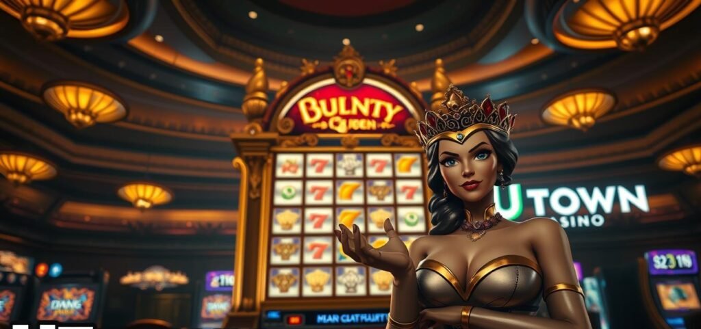 A luxurious casino interior, dimly lit with a warm amber glow. In the center, a grand slot machine known as "The Bounty Queen" commands attention. Gilded details and ornate patterns adorn the machine, exuding an air of opulence. The reels spin, hinting at the potential for massive payouts. In the foreground, a stylized female figure, the "Bounty Queen" herself, gestures invitingly, her expression radiating confidence and allure. The background features the UTown casino brand, seamlessly integrated into the scene. Dramatic lighting and a cinematic camera angle heighten the sense of anticipation and the promise of unimaginable riches.