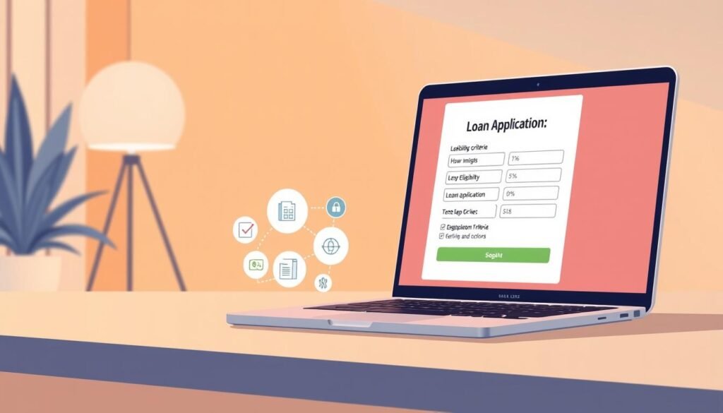 A modern and minimalist illustration of the "Online Loan Eligibility" section. Set in a warm, professional environment with soft lighting and clean lines. In the foreground, a laptop displays a loan application form, with key eligibility criteria highlighted. In the middle ground, icons and infographic elements convey the application process. The background features a subtle pattern or texture, creating a sense of depth and sophistication. The overall composition should feel informative, accessible, and visually appealing to readers of the article.