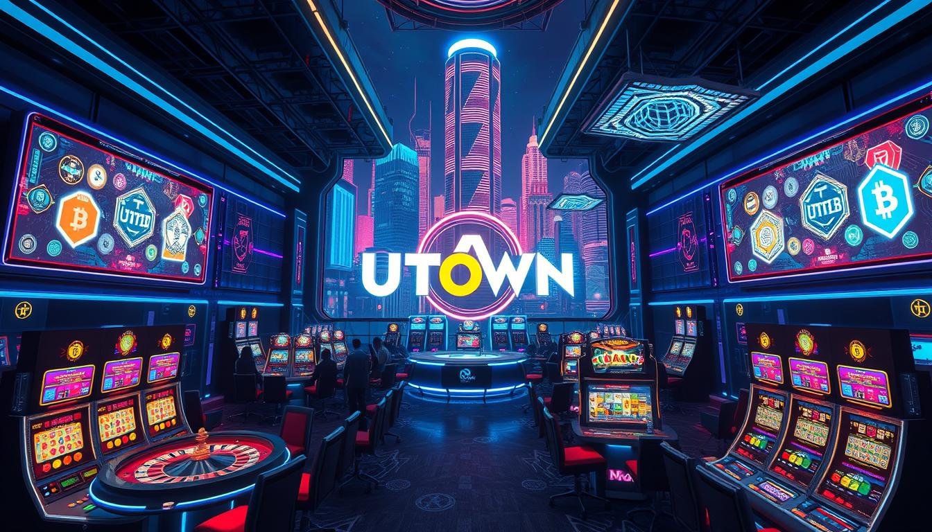 A neon-lit futuristic casino, the walls adorned with holographic displays showcasing the latest cryptocurrencies. In the center, a large UTown logo shines, surrounded by high-tech gaming stations where players immerse themselves in virtual reality experiences. The atmosphere is electric, with flashing lights and the sounds of digital roulette wheels and slot machines. The scene is bathed in a cool, blue-tinted lighting, creating a sleek, modern aesthetic. In the background, a towering cityscape of gleaming skyscrapers and floating holograms suggests a world where cryptocurrency has become the new norm, with UTown leading the way in this exciting new era of digital entertainment.