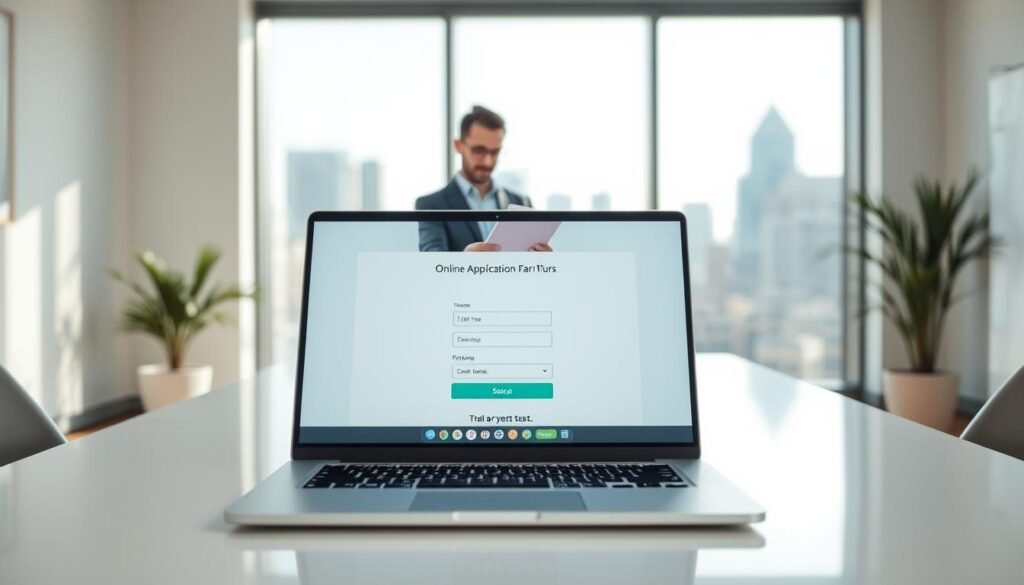 A serene, well-lit office setting with a sleek, minimalist desk. In the foreground, a laptop displays a loan application form, highlighting the streamlined, digital nature of online borrowing. In the middle ground, a person confidently reviews the form, conveying the convenience and ease of the process. The background features a large window with a cityscape view, suggesting the accessibility and modern convenience of this financial service. The lighting is soft and natural, creating a professional, approachable atmosphere. The overall scene conveys the simplicity, efficiency, and flexibility of online lending, aligning with the section's focus on the advantages and convenience of this financial option.