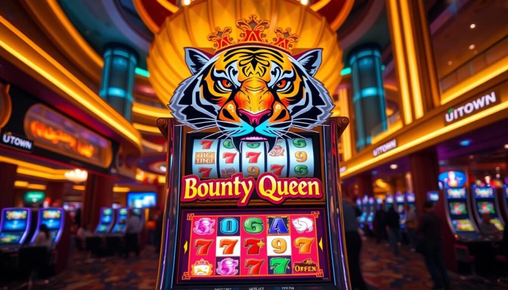 A vibrant and immersive slot machine titled "Bounty Queen" set against the backdrop of the UTown entertainment complex. The machine's striking tiger-themed design dominates the foreground, with intricate gold accents and a fierce feline gaze commanding attention. The middle ground features the game's symbols and reels, all rendered in a vivid, high-contrast style. In the background, the bustling atmosphere of the UTown casino is suggested through warm lighting, sleek architectural elements, and the subtle hum of activity. The overall scene conveys a sense of excitement, anticipation, and the thrill of high-stakes gaming.