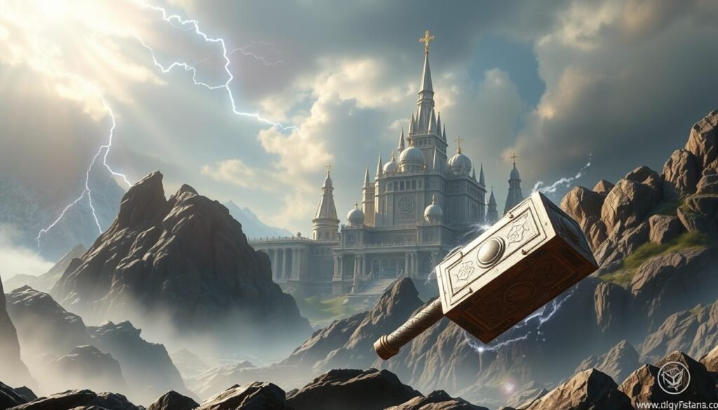 A vibrant, fantastical scene depicting the key features of the rsg雷神之鎚game. In the foreground, the mighty Mjolnir hammer of the Norse god Thor, glowing with mystical energy, hovers above a rugged, storm-swept landscape. Behind it, a majestic UTown citadel rises, its spires and domes gleaming in the dramatic lighting. In the sky above, bolts of lightning crackle, adding to the sense of power and drama. The overall mood is one of excitement, adventure and the promise of epic battles to come, capturing the essence of the rsg雷神之鎚gaming experience.