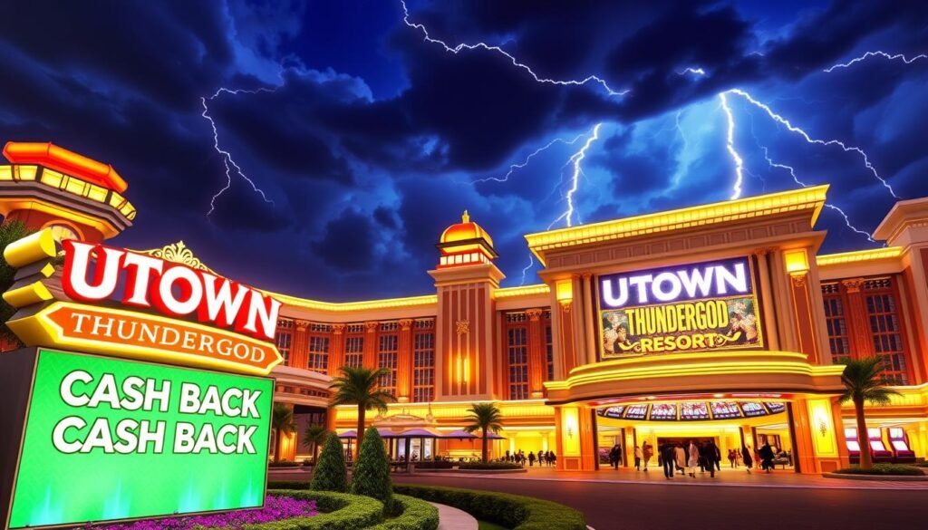 A vivid 3D rendering of a dynamic casino resort called "UTown Thundergod" featuring a grand, illuminated entrance facade with intricately detailed Greek-inspired architectural elements. The foreground showcases a prominent sign displaying the resort's name and a bold "Cash Back" promotional offer, surrounded by lush landscaping. The middle ground depicts a bustling scene with patrons entering the casino, while the background features a striking, photorealistic night sky with dramatic storm clouds and lightning bolts, evoking a sense of power and excitement.