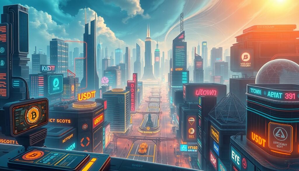 A vivid and futuristic illustration of the inner workings of UTown, a USDT-powered entertainment city. In the foreground, a sleek and streamlined user interface showcases the seamless integration of cryptocurrency transactions, gaming, and entertainment. The middle ground depicts a bustling metropolis with towering skyscrapers and neon-lit streets, where automated systems manage the flow of USDT payments and secure digital identities. In the background, a vast network of blockchain nodes and servers hums with the constant processing of transactions, ensuring the stability and transparency of the entire ecosystem. The scene is illuminated by a warm, futuristic glow, conveying a sense of innovation and technological advancement.