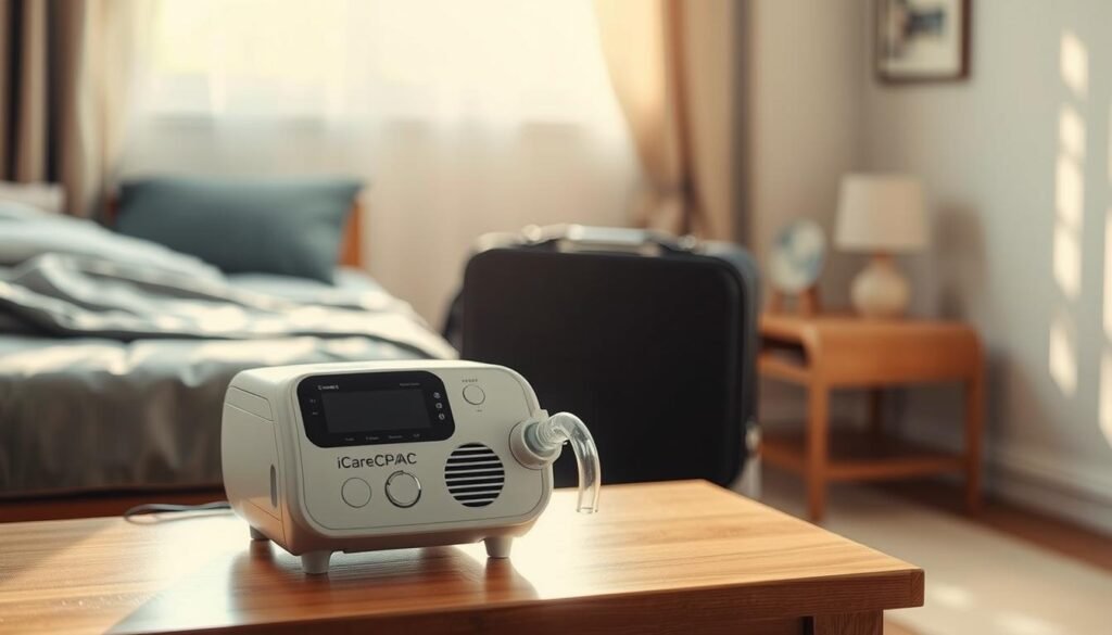 A well-lit, high-resolution photograph of a modern, sleek iCareCPAP sleep apnea machine on a wooden table. The device is in the foreground, with its various control panels and air vents clearly visible. In the middle ground, there is a travel-sized case for the machine, suggesting its portability. The background features a blurred, cozy bedroom setting, with a bedside table and a window allowing soft, natural lighting to filter in, creating a warm and relaxing atmosphere. The image conveys the ease of using the iCareCPAP machine while traveling, ensuring proper pressure settings for a restful night's sleep.