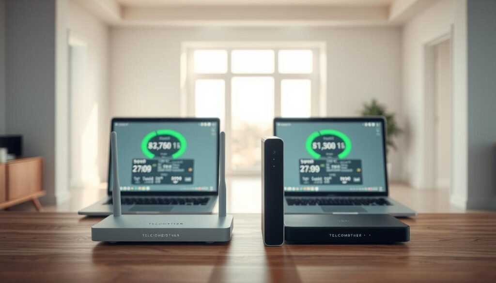 A well-lit indoor scene featuring a side-by-side comparison of a traditional fiber optic internet connection and a fiber-to-the-home (FTTH) setup. In the foreground, a Telecombrother router and modem sit atop a sleek, minimalist wooden table, their LEDs softly glowing. In the middle ground, two identical laptop computers display speed test results, highlighting the performance differences between the two internet technologies. The background features a clean, airy room with large windows allowing natural light to fill the space, creating a sense of openness and modernity.