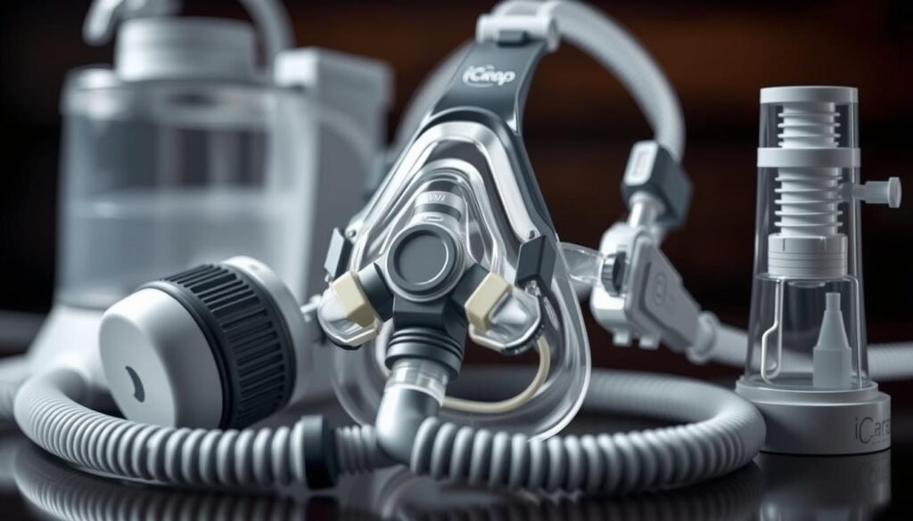 Detailed close-up of a set of iCareCPAP CPAP machine accessories, including a CPAP mask, tubing, and a humidifier. The components are meticulously rendered with high-quality textures, lighting, and depth of field, showcasing the intricate design and materials used. The arrangement creates a visually appealing and informative display that emphasizes the technical aspects and functionality of the equipment. The overall mood is one of professionalism and attention to detail, suitable for illustrating a section on CPAP machine component replacement in a technical article.
