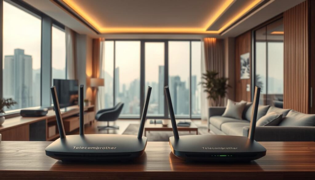 Expansive interior of a modern Hong Kong apartment, showcasing the comparison between public housing and private residence broadband services. In the foreground, sleek Telecombrother broadband router and devices, conveying high-speed connectivity. Middle ground features a neatly organized home office setup, with a laptop, papers, and desk accessories. The background depicts a cozy living room with floor-to-ceiling windows, offering a panoramic view of the cityscape. Warm, natural lighting filters through, creating a welcoming atmosphere. The overall scene conveys the differences in broadband infrastructure, pricing, and accessibility between public and private housing in Hong Kong.