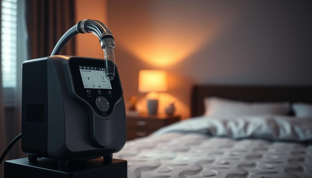 A high-quality image of the iCareCPAP sleep apnea machine, showcasing its sleek design and advanced features. The machine is depicted in the foreground, with a soft, warm lighting highlighting its contours and details. The middle ground features a calm, serene bedroom setting, with a bedside table and a cozy, inviting bed in the background. The overall atmosphere conveys a sense of comfort and relaxation, conveying the idea of a restful, rejuvenating sleep aided by the iCareCPAP device. The image should capture the sophistication and efficacy of the sleep apnea machine, making it an appealing choice for those seeking to optimize their respiratory health and sleep quality.