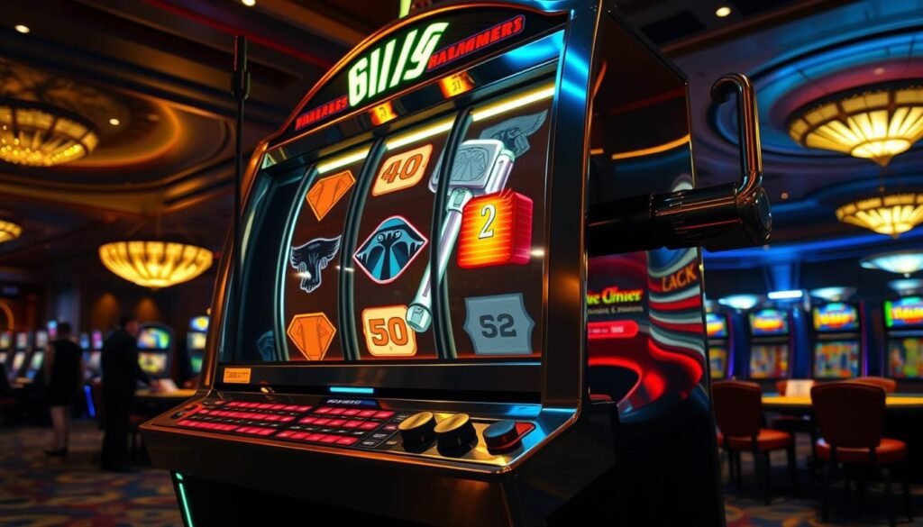 A large, imposing slot machine dominates the foreground, its sleek metallic body gleaming under the bright, directional lighting. The reels spin rapidly, showcasing vibrant, larger-than-life symbols - the iconic hammer of the Norse god Thor, represented in a stylized, futuristic design. The background is a dimly lit casino floor, with the muted glow of nearby gaming tables and the faint chatter of patrons creating an immersive, atmospheric setting. The machine's controls are clearly visible, inviting the viewer to observe and analyze its inner workings, a testament to the strategic potential of the &quot;Thor's Hammer&quot; technique within the UTown gaming environment.