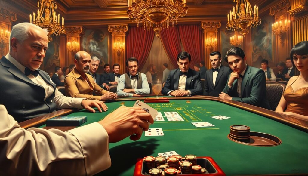 A lavishly detailed oil painting on canvas depicting the essential rules of the classic casino game Baccarat. In the foreground, a dealer's hands elegantly deal cards onto a green felt tabletop, surrounded by the essential tools of the trade - chips, a dealing shoe, and a discard tray. In the middle ground, players observe intently, their expressions a mix of focus and anticipation. The background features the ornate, gilded accoutrements of a high-end casino - grand chandeliers, opulent draperies, and the hazy atmosphere of cigarette smoke. Warm, dramatic lighting casts dramatic shadows, creating an air of exclusivity and sophistication. The overall scene conveys the gravity and importance of understanding the fundamental Baccarat rules for any serious casino enthusiast.