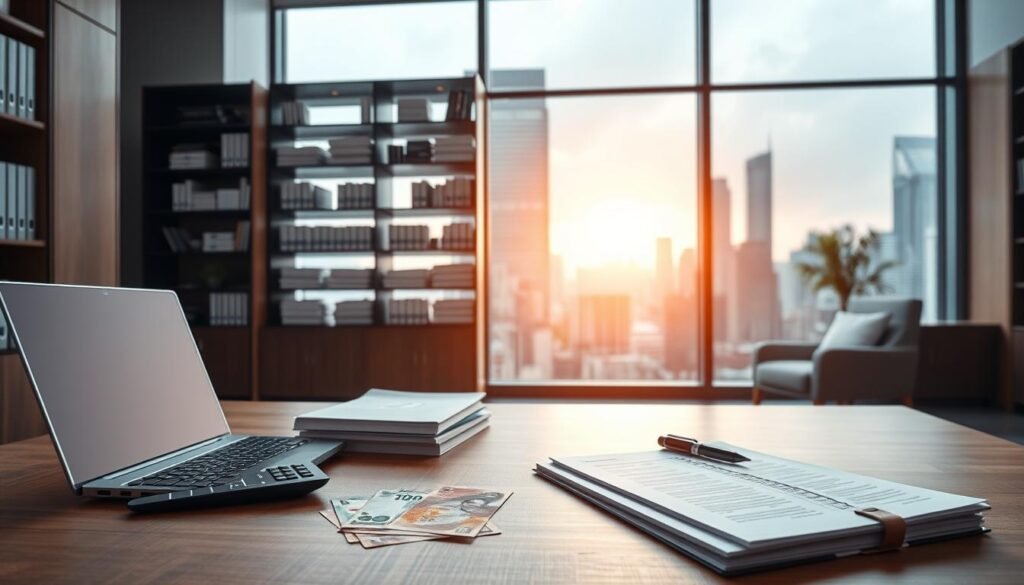 A sleek, modern office interior with warm lighting and a focus on financial documents and calculators. In the foreground, a wooden desk with a laptop, pen, and a stack of files. On the desk, a calculator and a few Chinese currency notes, hinting at the topic of private lending. In the middle ground, a large window overlooking a bustling city skyline, casting a soft glow across the scene. The background features elegant shelving units filled with financial records and a sophisticated, minimalist decor, creating an atmosphere of professionalism and trustworthiness. The overall mood is one of efficiency, reliability, and attention to detail, reflecting the reliable and tailored nature of the private lending services being recommended.