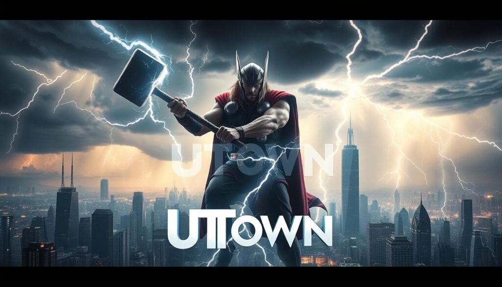A sprawling, futuristic city skyline, bathed in a dramatic lightning storm. In the foreground, a colossal figure of Thor, the Norse god of thunder, wields his legendary hammer &quot;Mjolnir&quot; with both hands. Electricity crackles around the hammer, as Thor channels the power of the storm, harnessing it to amplify the hammer's devastating strikes. In the background, the distinctive UTown logo shines brightly, framed by the swirling clouds and jagged bolts of lightning. The scene conveys a sense of epic, mythological power and the mastery of lightning-based combat techniques.