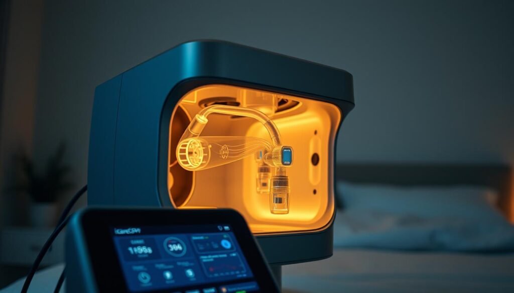 A state-of-the-art iCareCPAP sleep apnea machine, its sleek silver chassis bathed in warm, soft lighting. Inside, an array of sensors and AI-powered algorithms analyze the user's breathing patterns, seamlessly adjusting pressure and airflow to provide optimal, personalized treatment. In the foreground, a display shows real-time data and recommendations, while the background depicts a serene, minimalist bedroom setting, conveying a sense of comfort and relaxation. The image captures the intersection of advanced medical technology and the patient's personal wellbeing, highlighting the role of AI in enhancing the effectiveness of sleep apnea management.