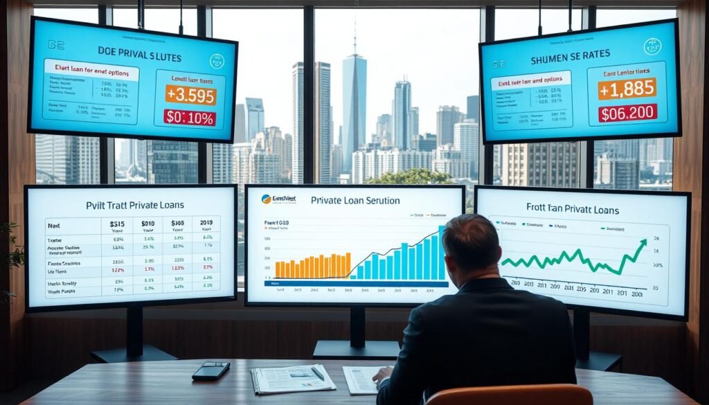 A well-lit office interior with a wooden desk, showcasing various lending options and interest rates displayed on digital screens. In the foreground, a person in a suit reviews documents, comparing different private loan providers. The middle ground features financial charts and graphs, visually illustrating the key features and advantages of each lending solution. The background depicts a cityscape through large windows, conveying a sense of urban prosperity and economic opportunity. The overall mood is professional, informative, and designed to guide the viewer through the process of selecting the most suitable private loan for their business needs.