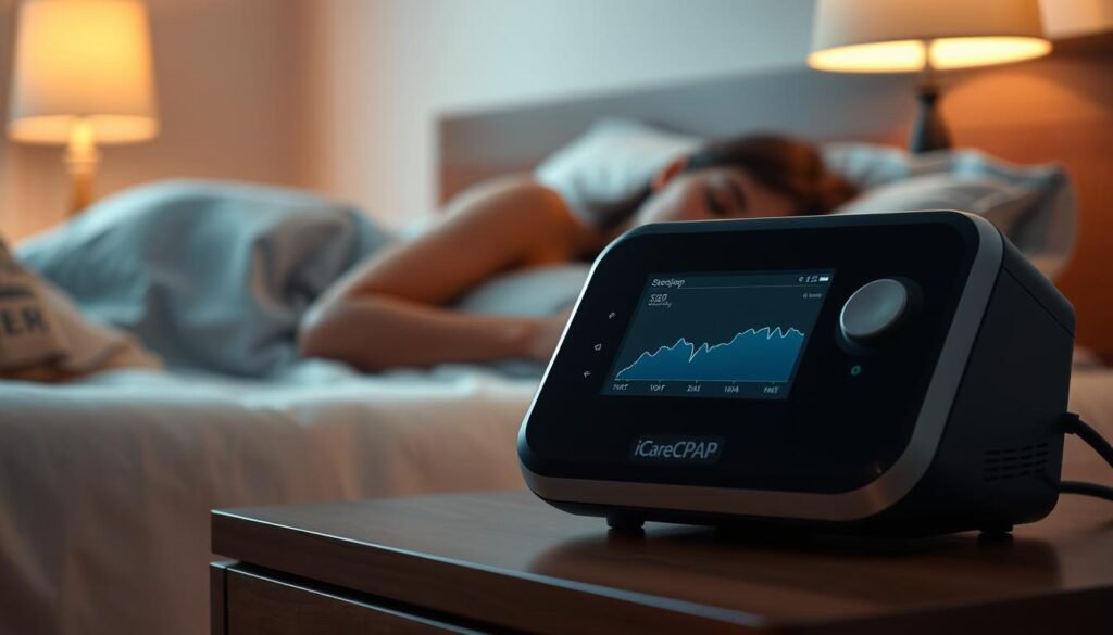 A well-designed iCareCPAP sleep apnea machine resting on a bedside table, softly illuminated by a warm, ambient light. The machine's sleek, modern design blends seamlessly with the tranquil, bedroom setting. In the foreground, the machine's display shows a graph visualizing improved sleep quality, with a serene, sleeping figure in the background, signifying the benefits of using the device. The composition is balanced, with a focus on the machine's functionality and its positive impact on the user's sleep. The overall mood is one of calm, comfort, and rejuvenation.