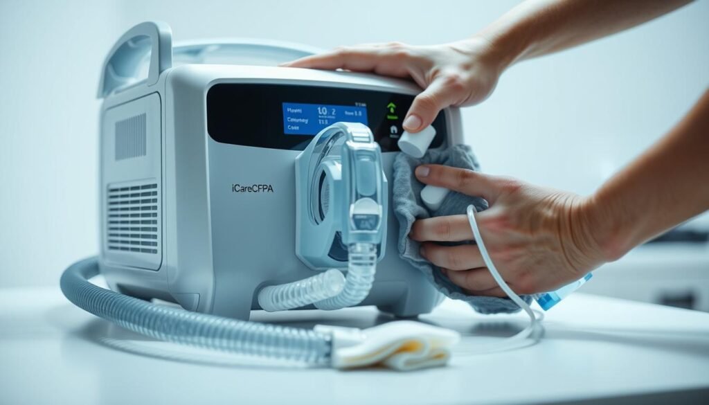 A well-lit, close-up shot of an iCareCPAP sleep apnea machine being carefully cleaned with a soft cloth and mild detergent solution. The machine is displayed prominently in the center of the frame, with its various components, such as the hose, mask, and water chamber, visible and accessible. The background is a clean, clinical workspace, with soft lighting and a minimal, uncluttered aesthetic to emphasize the importance of proper maintenance. The overall mood is one of attention to detail and a dedication to ensuring the machine is kept in pristine condition for optimal performance and patient comfort.