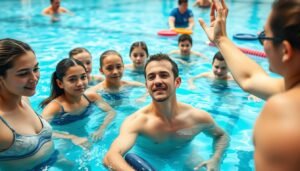 A beginner swimmer attending a swimming class, focused on learning essential swimming techniques. In the foreground, depict a diverse group of learners in modest swim attire, with an instructor demonstrating proper strokes under bright, natural lighting. Capture their expressions of concentration and determination. In the middle ground, show the swimming pool setting, with clear blue water that reflects the sunlight. Add swimming equipment like kickboards and floating aids casually placed around. In the background, hint at other students practicing and instructors observing, enhancing the atmosphere of a supportive learning environment. The image should convey a sense of community, encouragement, and the joy of learning, framed from a slightly elevated angle to give depth and perspective.