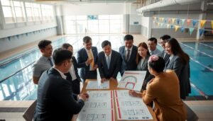 A confident and diverse leadership team of the Aoyang Swimming Club, engaged in an energetic discussion about managing swimming programs. In the foreground, a group of dynamic individuals in professional attire—men and women in smart suits and business casual clothing—are gathered around a table filled with diagrams highlighting swimming techniques and schedules. The middle ground showcases a large window with sunlight streaming in, illuminating the space and creating an inviting atmosphere. In the background, a well-equipped swimming pool is visible, symbolizing a commitment to excellence in coaching. The scene conveys a mood of collaboration, professionalism, and vision, emphasizing the importance of leadership in moving the club forward. Soft, natural lighting enhances the positivity of the setting.