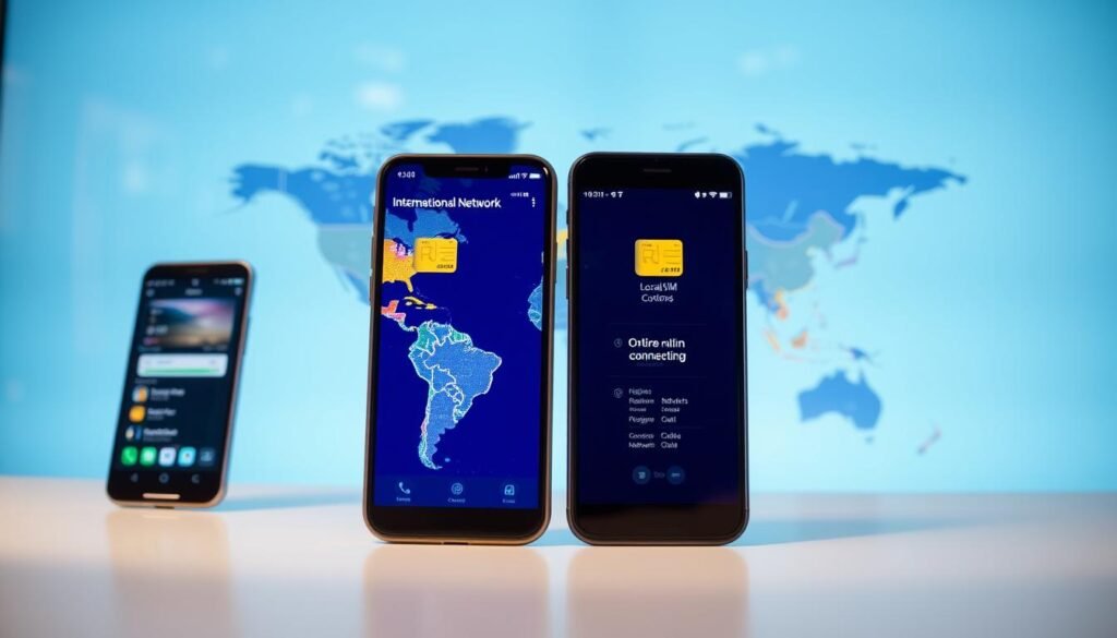 A detailed comparison image of OceanEsim international roaming network connection versus local SIM options. In the foreground, two smartphones display side-by-side screens: one showing the OceanEsim interface and the other displaying a local SIM card plan. In the middle ground, a sleek digital world map illustrates global connectivity, highlighting regions with optimal network coverage in vibrant colors. The background is a soft gradient blue, resembling the ocean, with subtle tech-related graphics to emphasize connectivity. The lighting is bright yet soft, simulating a professional office setting, and the camera angle is slightly tilted for a dynamic perspective. The mood should be informative and modern, capturing the essence of modern communication technologies.