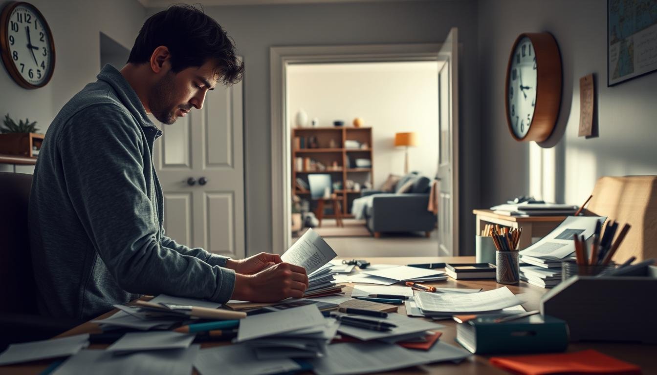 A detailed scene depicting the daily impact of obsessive-compulsive disorder (OCD) in a modern home environment. In the foreground, a person in modest casual clothing meticulously organizing their workspace, surrounded by papers and stationery in disarray. In the middle ground, a clock on the wall shows the passing time, emphasizing the anxiety of being constantly caught in repetitive tasks. In the background, a living room visible through an open door, revealing a untidy space, symbolizing the struggle between order and chaos. Soft, natural lighting from a nearby window casts gentle shadows, creating a contemplative mood. The overall atmosphere conveys a sense of tension and inner conflict, capturing the influence of OCD on daily life without depicting distressing elements.