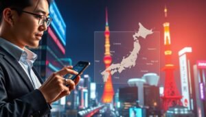 A high-tech illustration depicting a modern Japanese eSIM service scenario. In the foreground, a professional Asian businessperson, dressed in smart casual attire, interacts with a sleek smartphone displaying an eSIM application interface for easy connectivity. The middle layer features an animated map showcasing edge-to-edge connectivity across various regions in Japan, emphasizing the mobility benefits of OceanEsim. In the background, a vibrant urban landscape of Tokyo is visible, with neon signs and global landmarks subtly illuminated under a twilight sky. The lighting is bright yet soft, highlighting the technology's innovation and user-friendliness, while creating a welcoming, optimistic atmosphere that conveys ease of travel in a digital era.