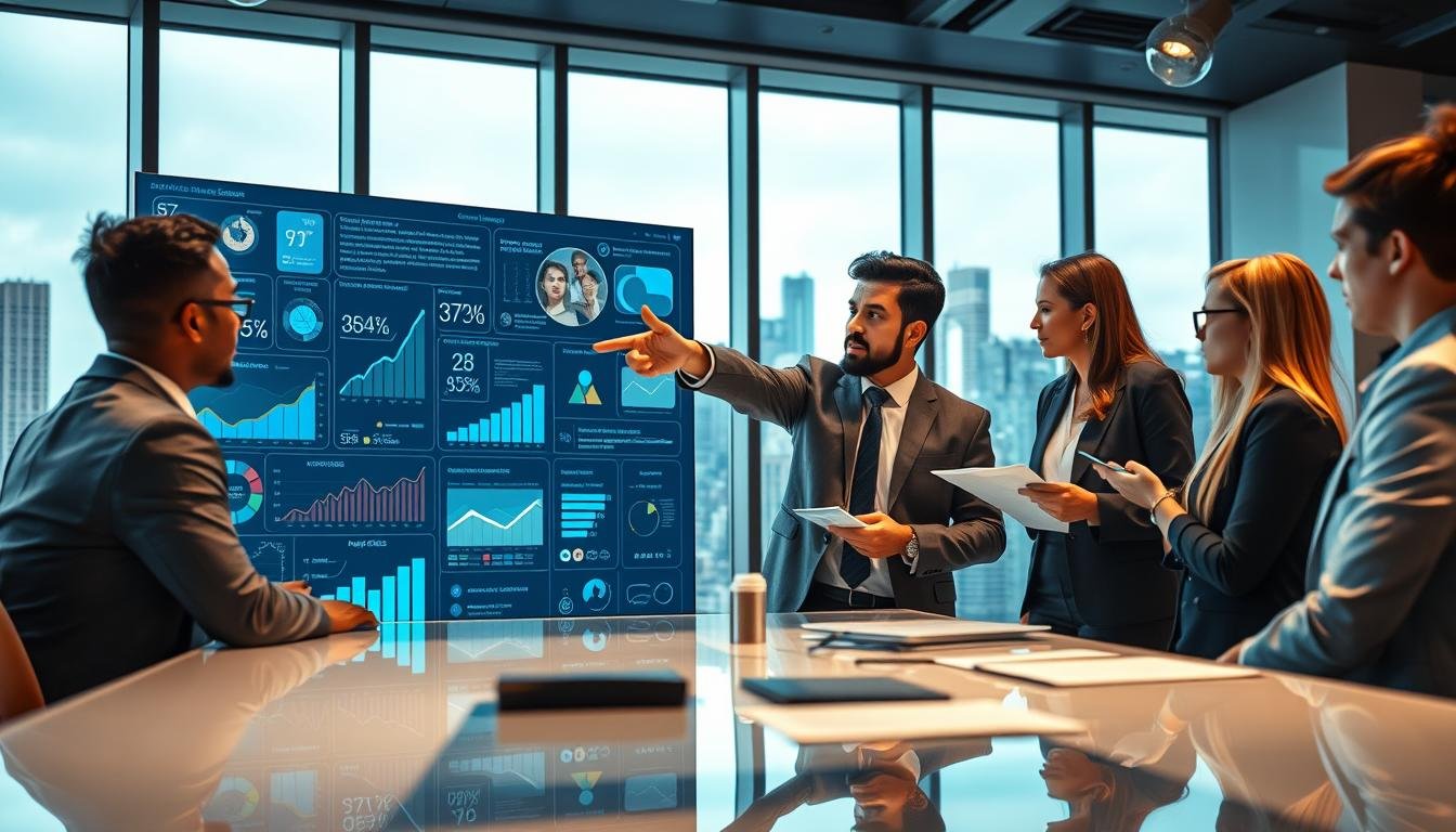 A modern digital advertising strategy meeting at a sleek, well-lit office space, featuring diverse professionals in business attire collaborating over a high-tech digital screen displaying graphs, analytics, and futuristic projections. In the foreground, a confident Asian male strategist points towards the screen, engaging his colleagues who are taking notes and brainstorming ideas. The middle features a large, interactive digital board showcasing brand assets, targeted ads, and audience engagement stats. In the background, large windows reveal a vibrant cityscape, emphasizing innovation and growth. The lighting is bright yet warm, creating a dynamic and inspiring atmosphere, with a shallow depth of field that keeps the focus on the team and their digital tools. The overall mood is energetic and forward-thinking, capturing the essence of expertise in digital advertising strategies.
