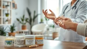 A calm and serene medical setting showing various treatment methods for eczema symptoms. In the foreground, there’s a table with labeled jars of creams and ointments specifically for eczema, alongside a few natural remedies like aloe vera and chamomile. In the middle, a healthcare professional is gently demonstrating how to apply a cream onto a patient's forearm, conveying care and expertise, wearing a professional white coat. The background features a soft-focus view of a well-lit consultation room with soothing colors, plants, and soft light filtering through a window, creating a warm and reassuring atmosphere. The scene emphasizes healing and comfort, inviting hope and support for those managing eczema.