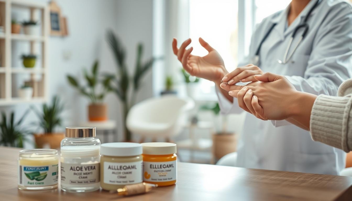 A calm and serene medical setting showing various treatment methods for eczema symptoms. In the foreground, there’s a table with labeled jars of creams and ointments specifically for eczema, alongside a few natural remedies like aloe vera and chamomile. In the middle, a healthcare professional is gently demonstrating how to apply a cream onto a patient's forearm, conveying care and expertise, wearing a professional white coat. The background features a soft-focus view of a well-lit consultation room with soothing colors, plants, and soft light filtering through a window, creating a warm and reassuring atmosphere. The scene emphasizes healing and comfort, inviting hope and support for those managing eczema.