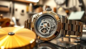 A close-up view of a Rolex watch showcasing the innovative Chronergy escapement system, emphasizing its intricate mechanical components. The foreground features the shimmering gold and silver watch case, with detailed textures and reflections of a high-gloss finish. In the middle ground, the watch's transparent case back reveals the complex gears and machinery of the Chronergy system, symbolizing enhanced energy efficiency and precision. The background is elegantly blurred, depicting a refined workshop environment with tools and watchmaking equipment, illuminated by soft, warm lighting that creates a sophisticated and professional atmosphere. The overall mood is one of precision, luxury, and technological advancement, highlighting Rolex's commitment to performance.